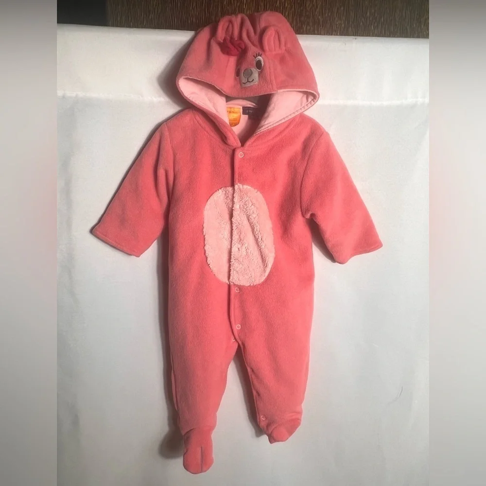 Pumpkin Patch Baby Girl Pink Bear Hooded Fleece 6-12M Footed Bodysuit